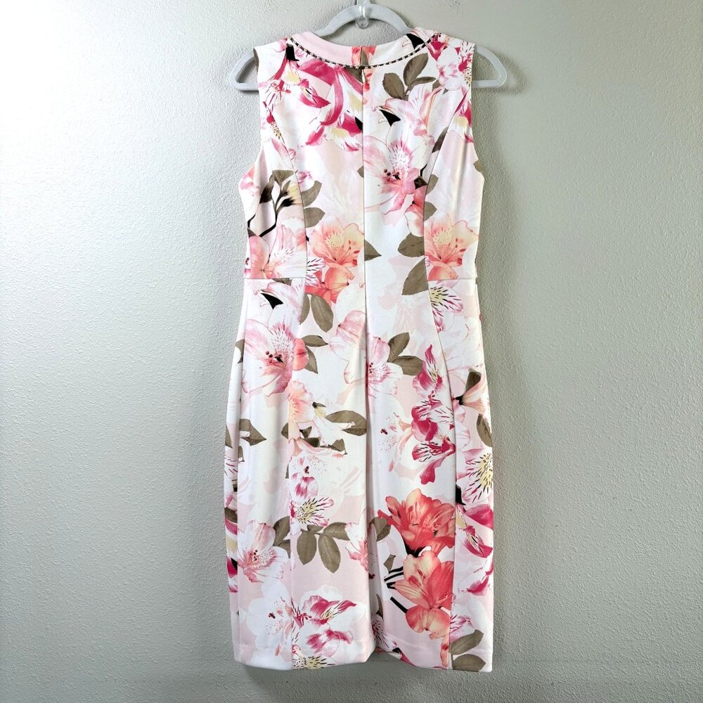Calvin Klein Sheath Dress Women 12 Pink Floral Pearl Accent Neckline Sleeveless - Picture 3 of 12